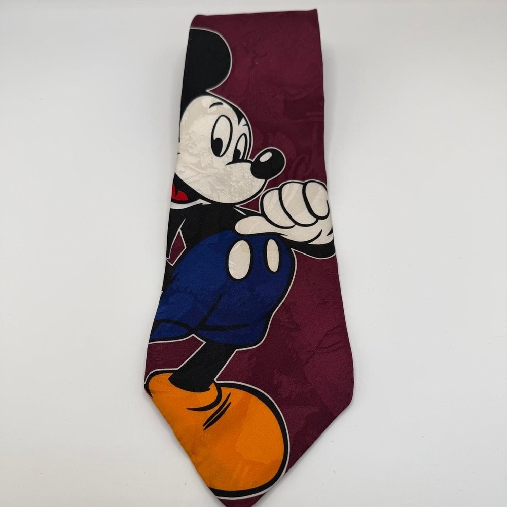 Disney Store Mickey Mouse 100% Silk Neck Tie Burgundy Vintage Mens Made In USA